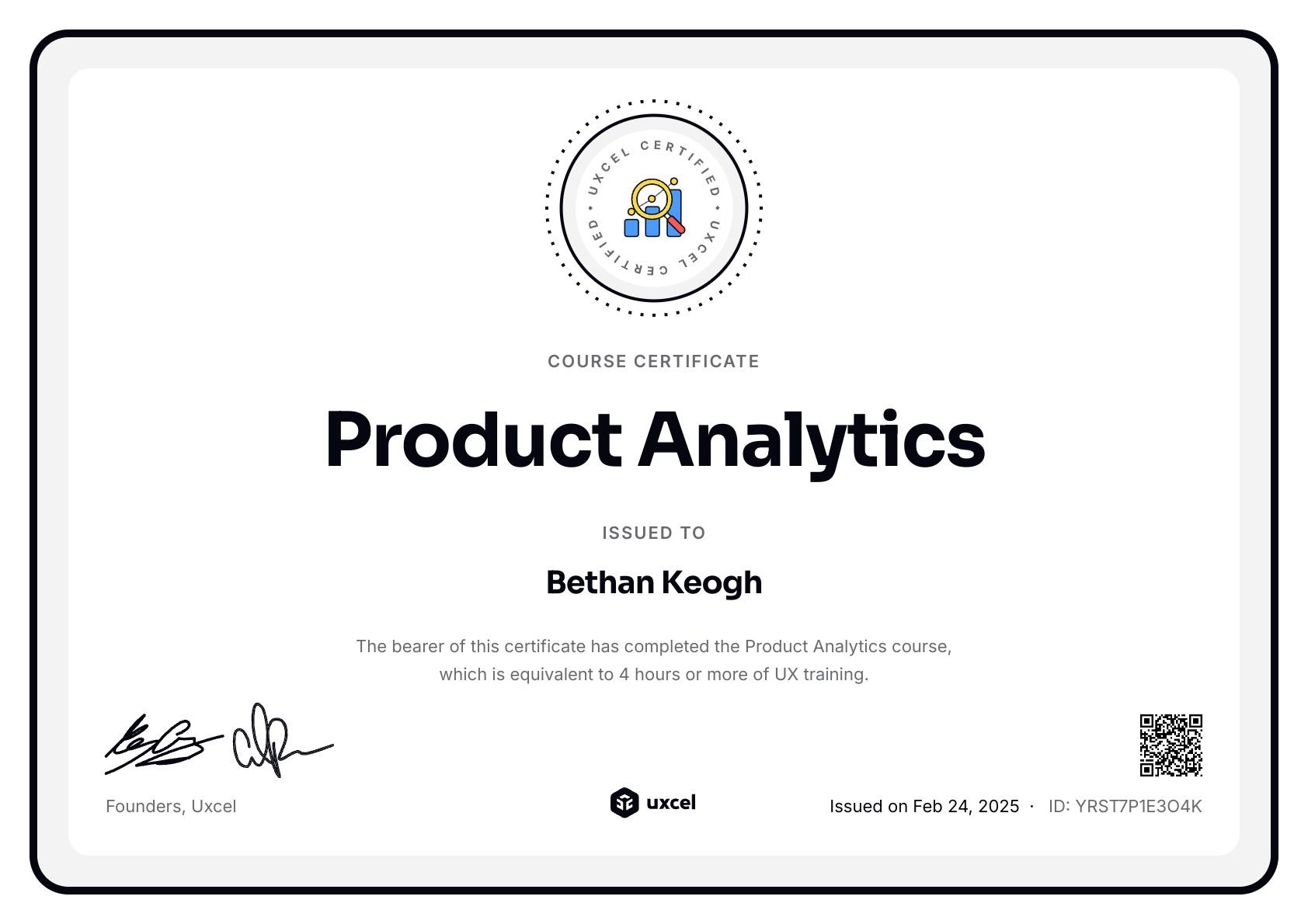 Bethan Keogh's certificate